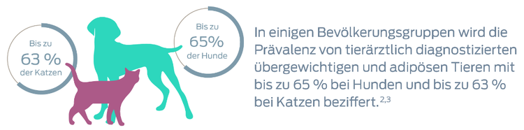 In einigen Bevölkerungsgruppen wird die Prävalenz von tierärztlich diagnostiziertem Übergewicht und Fettleibigkeit bei Hunden mit bis zu 65% und bei Katzen mit bis zu 63% angegeben. Fußnoten 2 und 3