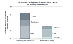 Gravidade do gráfico de displasia de quadril. Em dois grupos de 24 cães, um grupo sendo grupo controle e o outro grupo sendo de alimentação magra; registros do número de cães mostrando qualquer sinal de displasia de quadril. Grupo controle: leve: 7, moderada: 5, grave: 5. Controle total, 17 de 24 cães. Grupo de alimentação magra: leve: 2, moderada: 4, grave: 3. Total de alimentação magra, 9 de 24 cães.